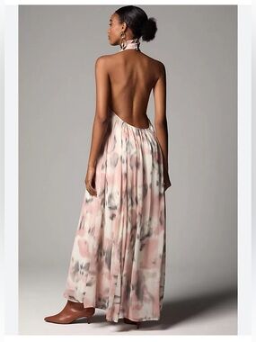 Anthropology Halter Sheer Printed Maxi Dress with open back